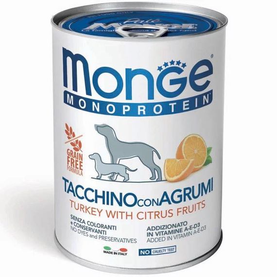 Корм Monge Dog Wet Fruit Monoprotein Tacchino con Agrumi вологий монопротеїновий з індичкою та цитрусами для собак усіх порід 400 гр