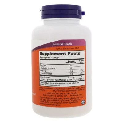 Жирные кислоты Now Foods Каприловая Кислота 600 мг, Caprylic Acid, 100 желатиновых капсу (NOW-03347) | Зображення 1