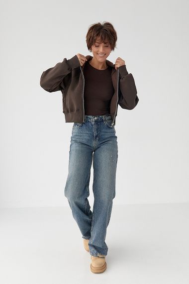 Утеплене коротке худі на блискавці - коричневий цвет, M (є розміри) | Зображення 2