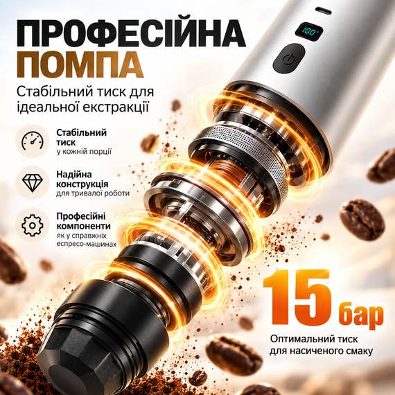 Портативна кавомашина акумуляторна для еспресо з підігрівом води 15 бар 7800 мАг USB Type-C з дисплеєм срібляста | Зображення 5