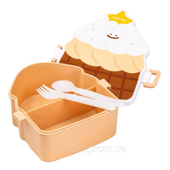 Детский ланч бокс на две секции 950 мл пластиковый с вилкой и ложкой "Пирожное" Коричневый HP12271BR | Зображення 3