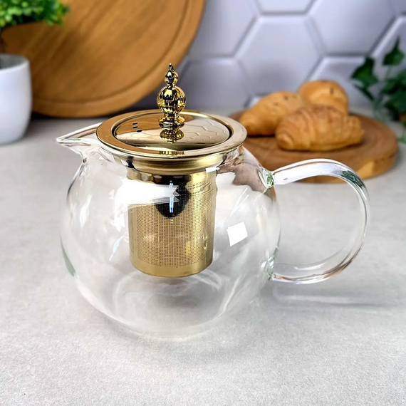 Стеклянный чайник-кофейник для плиты 950 мл Kandy GK-5801 с золотистыми элементами и удобным заварочным фильтром Прозрачный | Зображення 5