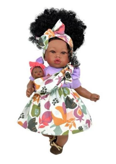 Іспанська Велика Лялька Інтерактивна Мулатка з Пупсом Вінілова Звукова Дівчинка Марія з Волоссям у Коробці Nines d`Onil 45 см