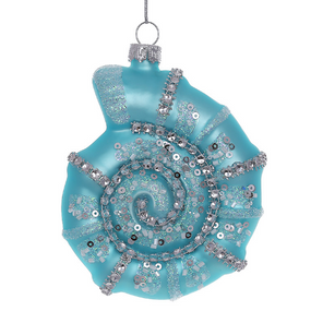 Елочное фигурное украшение из стекла Морская ракушка с декором из бисера 11см