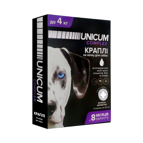Краплі від бліх, кліщів та гельмінтів на холку для собак Unicum COMPLEX 0-4 кг (івермектин+фіпр.)/10