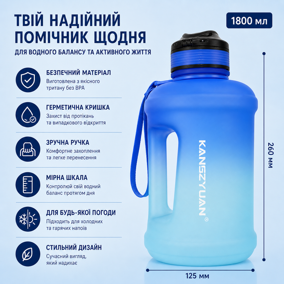 Спортивная бутылка для воды KANGZYUAN 1800 мл (1,8л) Голубой градиент (BPA Free) Tritan | Зображення 5