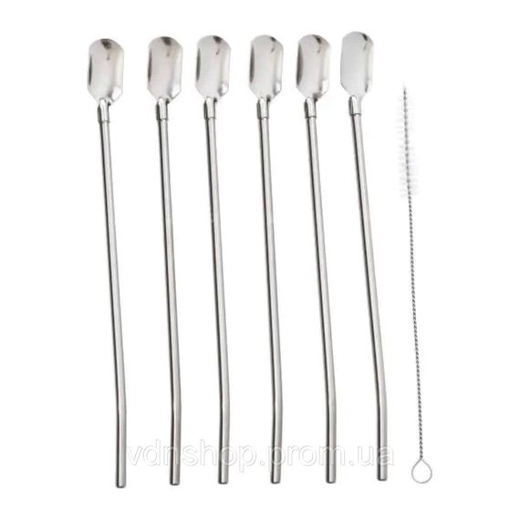 Набір багаторазових ложок-трубочок 6 шт для напоїв 22 см зі щіткою для миття з нержавіючої сталі Сірий HP-20-19