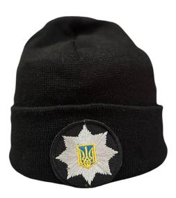 Зимова в'язана шапка чорна,шапка військова з відворотом тактична,шапка в'язка на флісі з кокардою Поліція