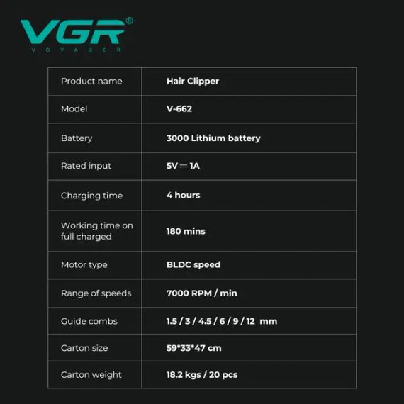 Аккумуляторная машинка для стрижки VGR V-662 GREEN, 7000 RPM, 6 насадок, LED дисплей | Зображення 2