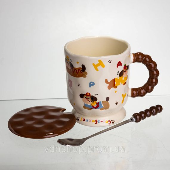 Новорічна порцелянова чашка "Весела Такса" з кришкою та ложкою 400 мл, Святкова кружка чашка для дітей на подарунок FM-17B | Зображення 2