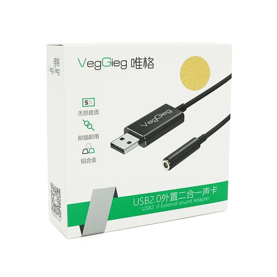Перехідник для навушників VegGieg V-K201 USB2.0(M)-Jack3.5(F), Black | Зображення 1