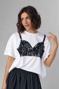 Футболка oversize украшенная принтом в виде кружевного лифа - белый с черным цвет, S (есть размеры)
