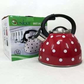 Чайник из нержавеющей стали со свистком 2,5л UNIQUE UN-5301 Красный в горошек