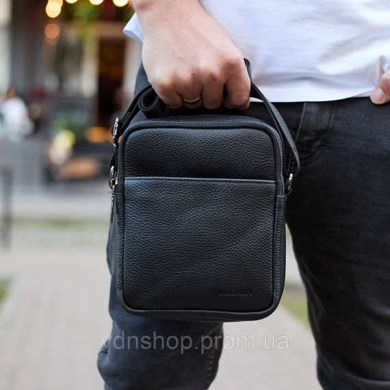 Чоловіча барсетка через плече, зернистая кожа 20х16х6, месенджер для міста, сумка для телефону та документів, чорна | Зображення 6