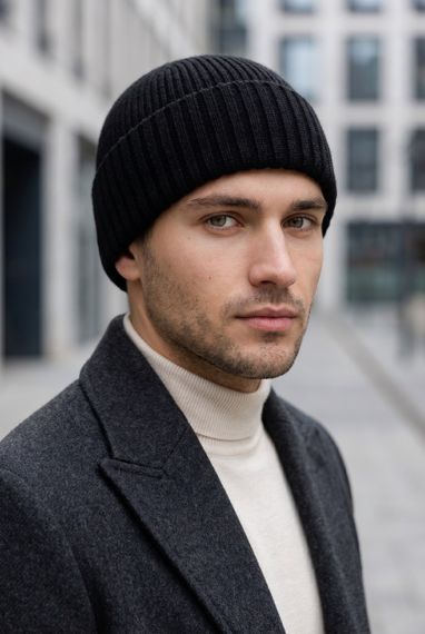 Чоловіча зимова шапка Nordic Теплий в'язаний головний убір з вовною 50%, 54-60 см Чорний | Зображення 7