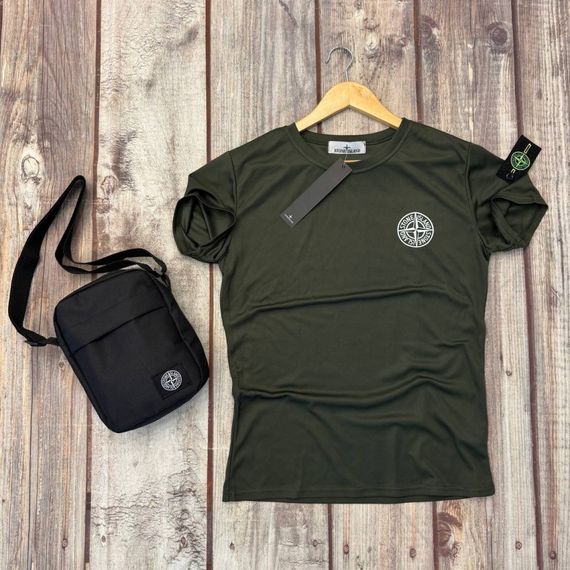 Комплект Stone Island 4 в 1 - Футболка Шорти кепка сумка Хакі | Зображення 1