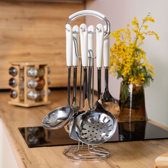 Набір кухонного приладдя на підставці 7 предметів кухонні аксесуари на підставці Білий із сріблястим HP-20-70, Білий | Зображення 5