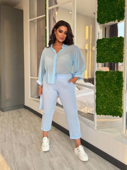 Женские льняные укороченные штаны с подворотом FZ905 цвет голубой размер 46/48