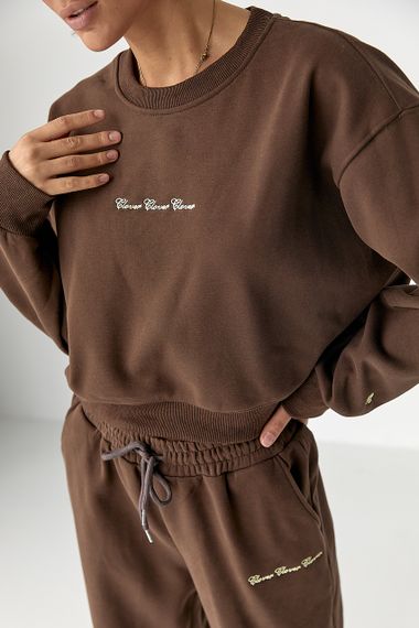 Спортивний костюм із плюшевим начісом з коротким світшотом та штанами палаццо - коричневий цвет, M/L (є розміри) | Зображення 3