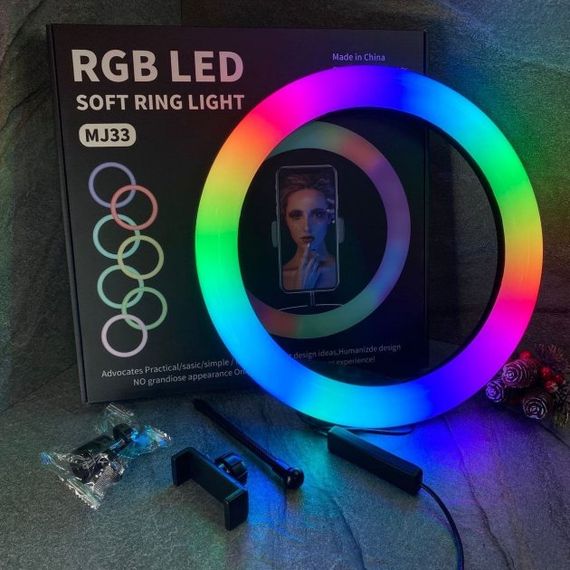 Кольцевая светодиодная лампа RGB LED RING MJ33/ 33 см с креплением для телефона | Зображення 2