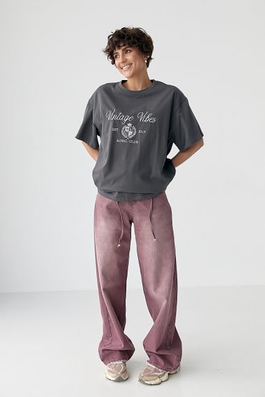 Оверсайз футболка з вишитими написами - темно-сірий цвет, ONE SIZE (є розміри) | Зображення 2