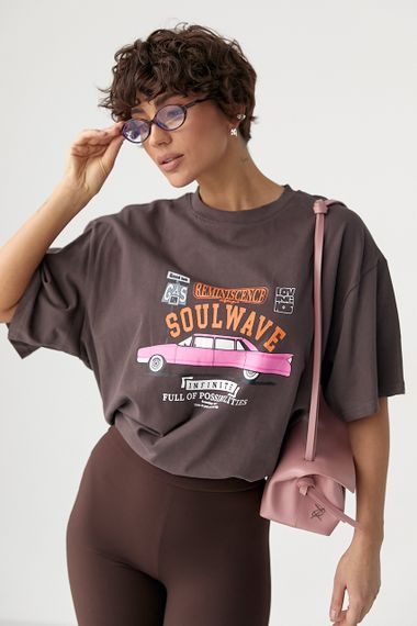 Футболка вільного фасону  із принтом авто - коричневий цвет, ONE SIZE (є розміри)