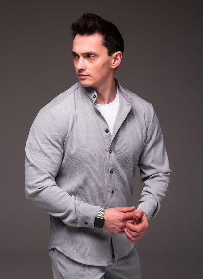 Чоловіча вельветова сорочка з коміром стійка та довгим рукавом на ґудзиках колір сірий, розмір S RA2334 | Зображення 4