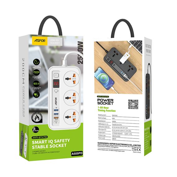 Мережевий фільтр-подовжувач Aspor A505 PD (3USB/USB-C/3A/20W/2м) — білий | Зображення 2