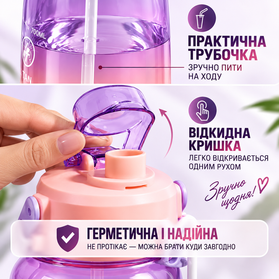 Спортивная бутылка для воды START TRAINING 1500 мл с ручкой и трубочкой - фиолетовая, большая фитнес-бутылка 1,5 л | Зображення 1