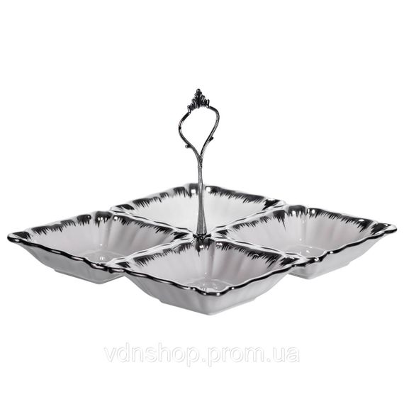 Менажница фарфоровая на 4 секции 22.5×22.5×3 (см) с ручкой Белый с серебром LC-BYL-101-S | Зображення 1