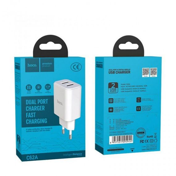 Сетевое зарядное устройство Hoco C62A Victoria 2USB (2.1А) White | Зображення 3