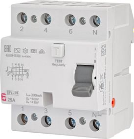 Реле диференційне ETI  (ПЗВ) 4р EFI-P4 25/0,3 тип AC (10kA) (2061631)