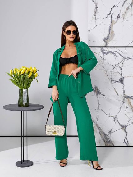 Женский легкий костюм рубашка и свободные брюки креп-жатка, UH378 размер 42, цвет Зеленый | Зображення 1