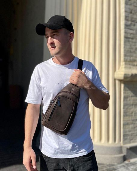 Чоловічий слінг зі шкіри крейзі хорс в коричневому кольорі 6349 | Зображення 5