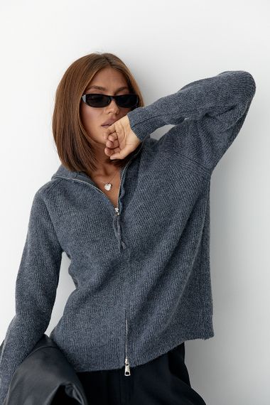 В'язаний кардиган із коміром на блискавці - темно-сірий цвет, ONE SIZE (є розміри) | Зображення 4