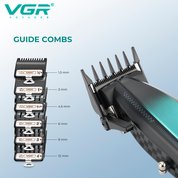 Аккумуляторная машинка для стрижки VGR V-270, 6 насадок, 9000 RPM, 2500 mAh, LED дисплей | Зображення 7