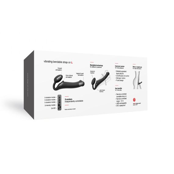 Безремінний страпон з вібрацією Strap-On-Me Vibrating Black L, діаметр 3,7см, пульт ДК, регульований | Зображення 6