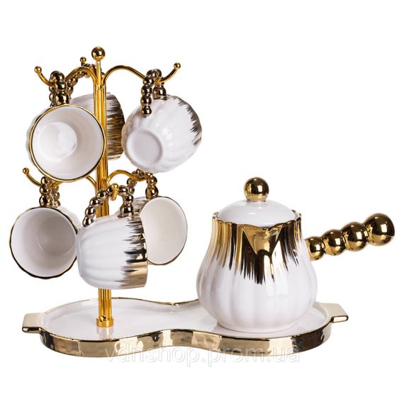 Кавовий сервіз на підставці з туркою 450 (мл) 6 чашок по 90 (мл) подарунковий набір чашок на підставці Білий із золотом FM-JJ-5 | Зображення 4