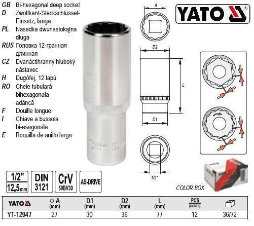 Головка торцева 12-гранна подовжена 1/2" М27х77 мм Польща YATO YT-12947