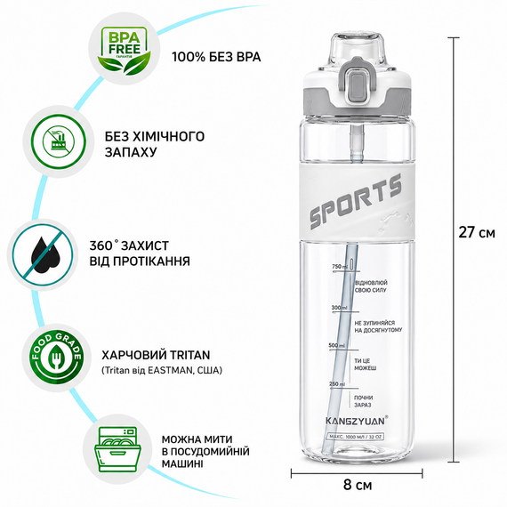 Эко-бутылка KANGZYUAN 500 мл - Белая Tritan BPA-free, ударопрочная, спортивная с эргономичной крышкой | Зображення 1