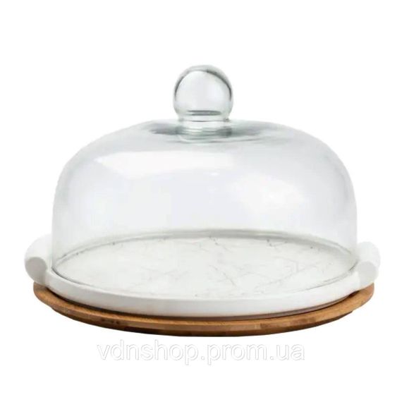 Фарфоровая тортовница со стеклянной крышкой на бамбуковой подставке HP1203
