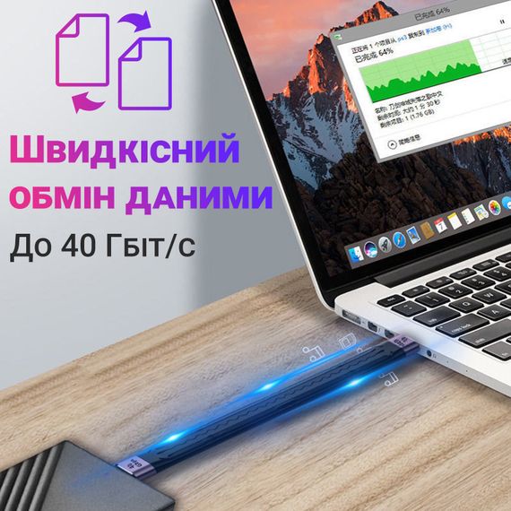 Кабель 40Gbps для синхронизации данных и зарядки Type-C Male to Female Addap UC2UC-02, 100Вт, USB 4.0 | Зображення 3