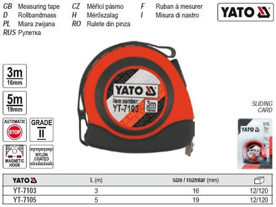 Рулетка YATO Польша магніт нейлон b=19 мм l=5 м YT-7105