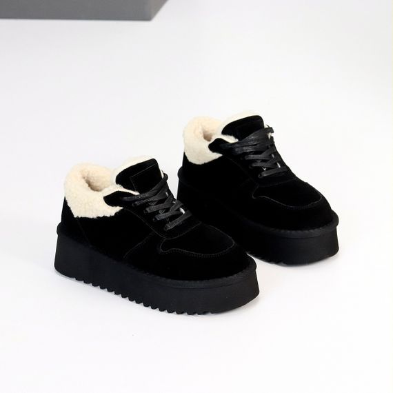 Чорні кросівки уггі натуральна замша + бежеве хутро Тедді | Зображення 1