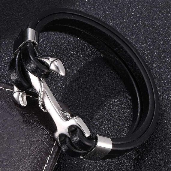 Чоловічий шкіряний браслет Primo Rope Anchor з застібкою якір - Black | Зображення 1