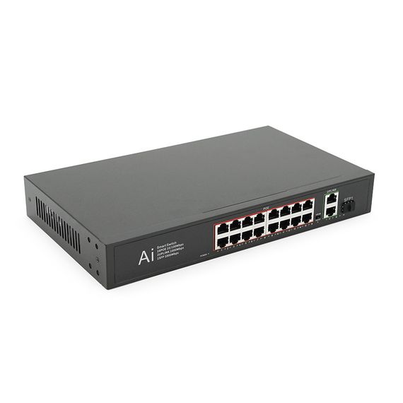POE комутатор Merlion 16 POE 10/100 + 1 Single Fiber Tx 1310nm 20km + 2 RJ45 10/100/1000+ вбудований блок живлення 52V 4.8A