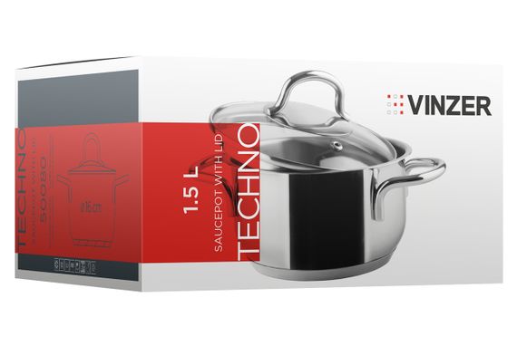 Каструля Vinzer Techno 50080, 1.5 л, 16 см, із нержавіючої сталі з кришкою, для всіх типів плит | Зображення 2