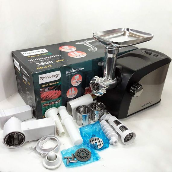 Електрична м'ясорубка Rainberg RB-673 із соковижималкою та шатківницею 9 насадок 3000W з реверсом | Зображення 8