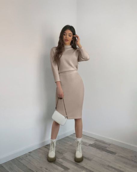 Женский теплый ангоровый костюм с юбкой миди LK137 цвет бежевый, размер 46/48 | Зображення 1