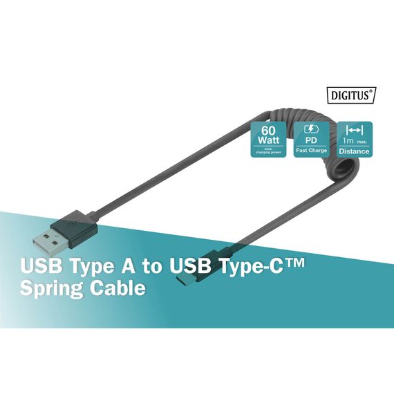 Дата кабель USB 2.0 AM to USB-C 1.0m (0.32m) spiral black Digitus (AK-300430-006-S) | Зображення 3